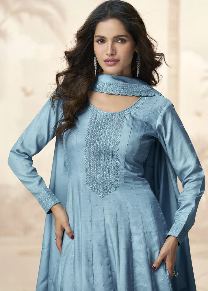 Capri Blue Embroidered Silk Anarkali Gown for Festive Occasions