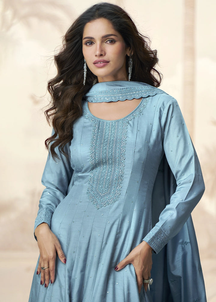 Capri Blue Embroidered Silk Anarkali Gown for Festive Occasions
