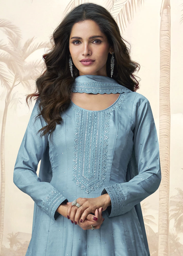 Capri Blue Embroidered Silk Anarkali Gown for Festive Occasions
