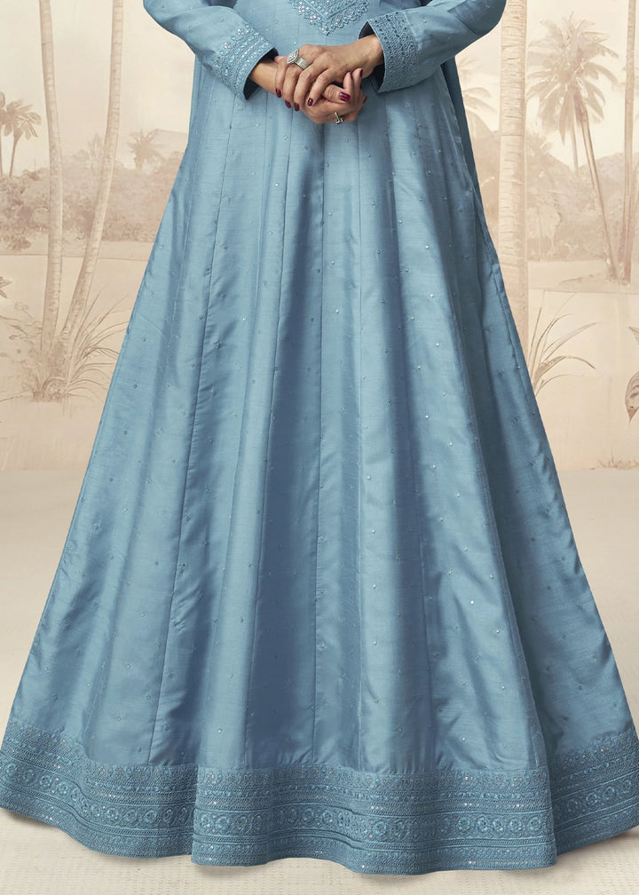 Capri Blue Embroidered Silk Anarkali Gown for Festive Occasions