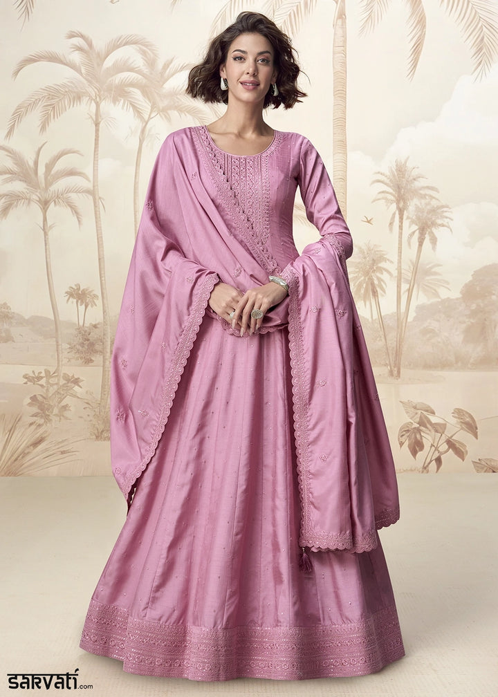 Creamy Pink Embroidered Silk Anarkali Gown for Festive Occasions