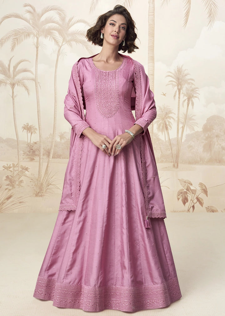 Creamy Pink Embroidered Silk Anarkali Gown for Festive Occasions