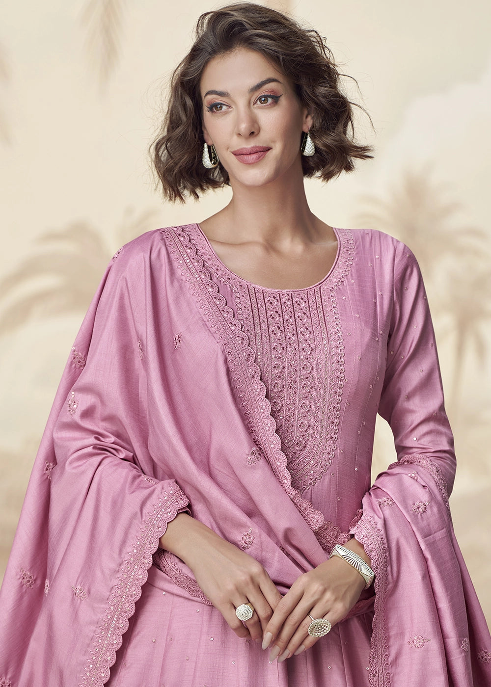 Creamy Pink Embroidered Silk Anarkali Gown for Festive Occasions