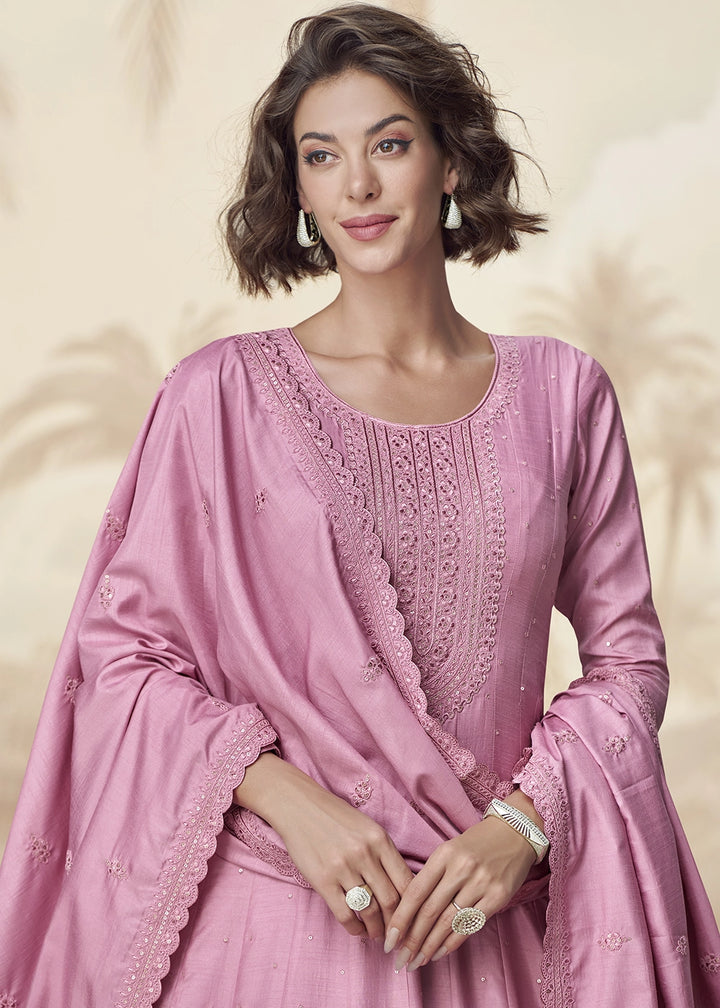 Creamy Pink Embroidered Silk Anarkali Gown for Festive Occasions