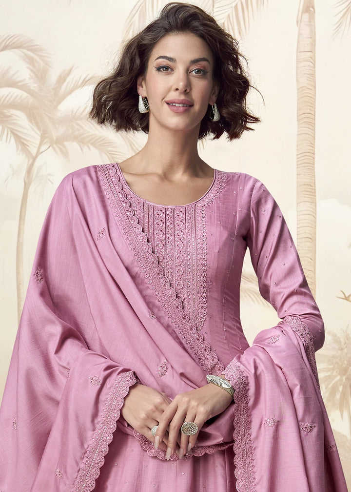 Creamy Pink Embroidered Silk Anarkali Gown for Festive Occasions