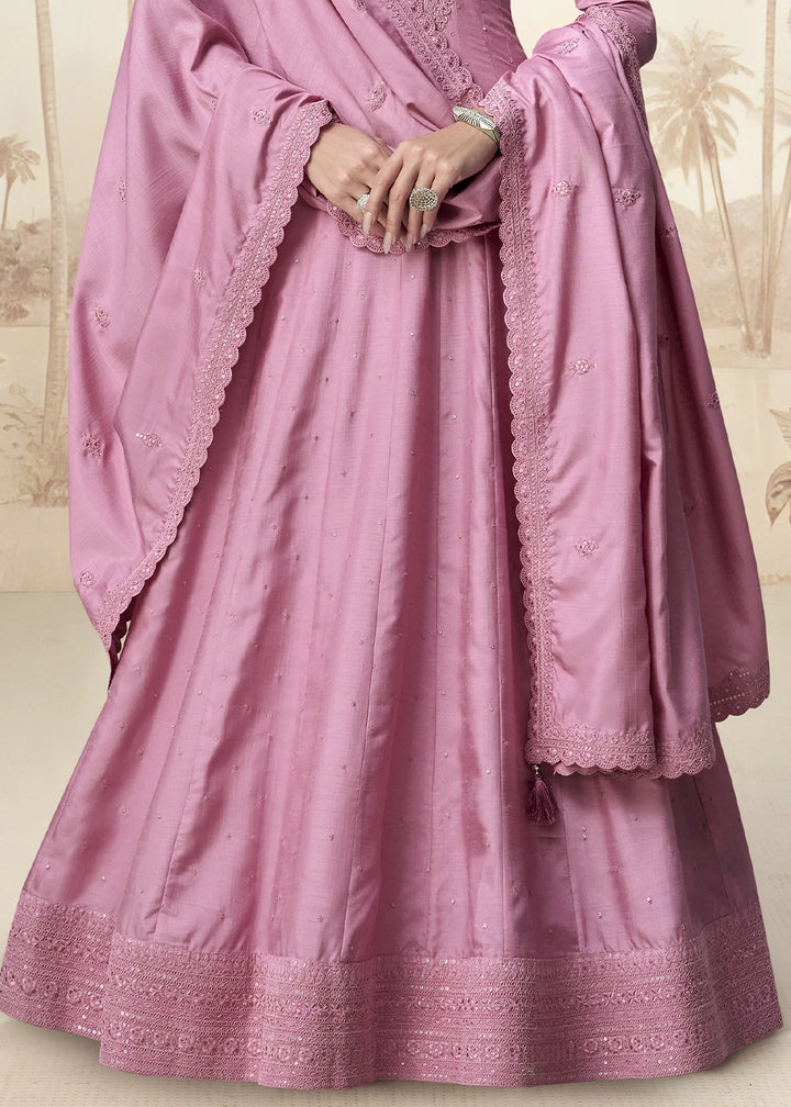 Creamy Pink Embroidered Silk Anarkali Gown for Festive Occasions