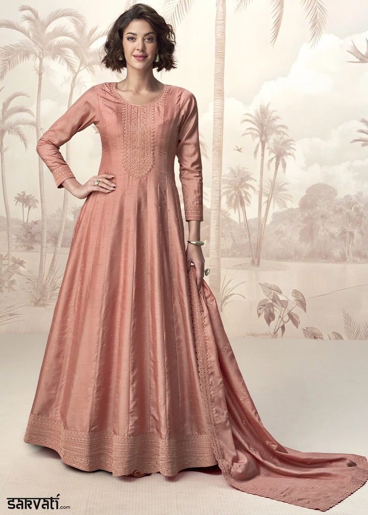 Light Caramel Brown Embroidered Silk Anarkali Gown for Festive Occasions
