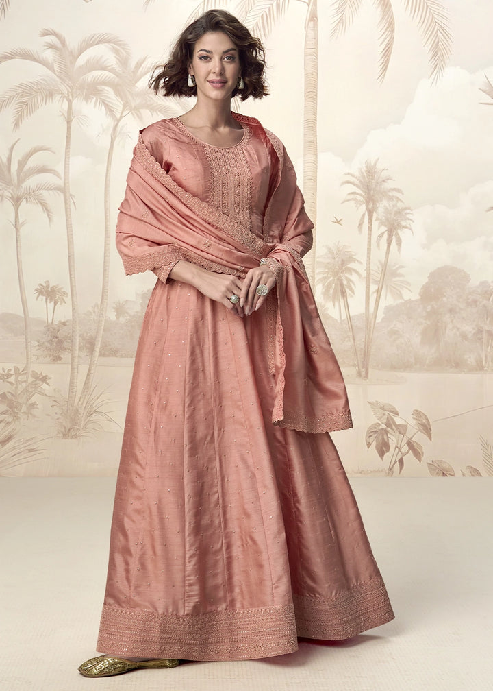 Light Caramel Brown Embroidered Silk Anarkali Gown for Festive Occasions