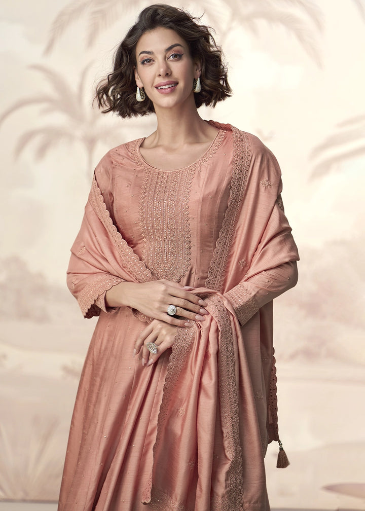 Light Caramel Brown Embroidered Silk Anarkali Gown for Festive Occasions
