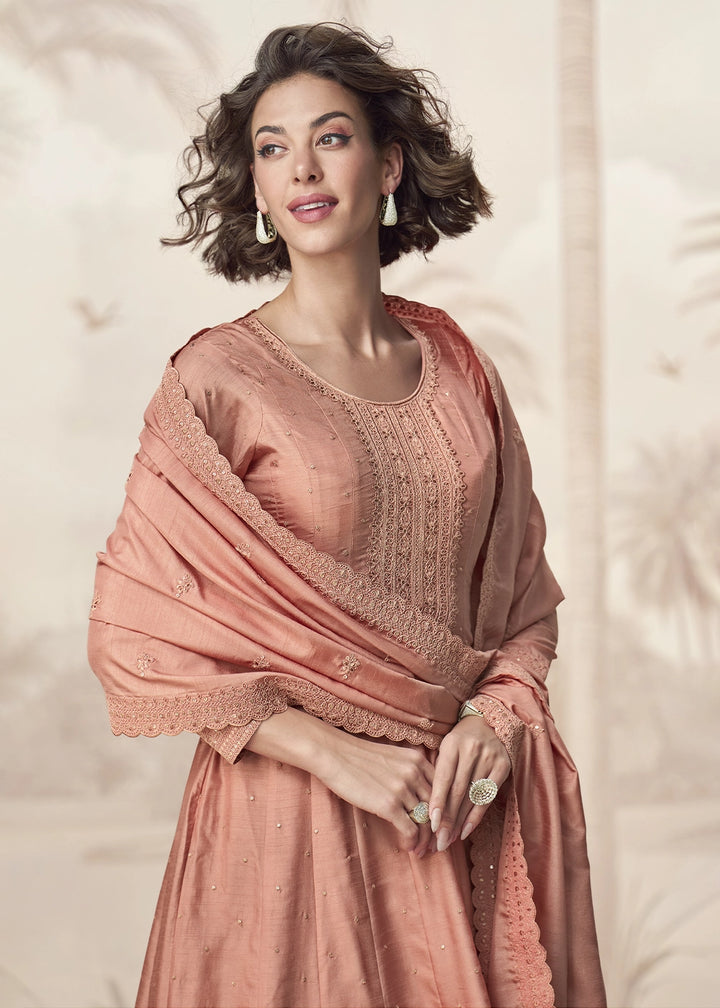 Light Caramel Brown Embroidered Silk Anarkali Gown for Festive Occasions