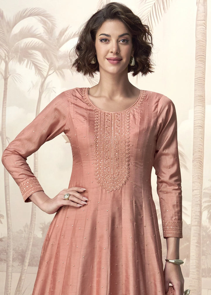 Light Caramel Brown Embroidered Silk Anarkali Gown for Festive Occasions