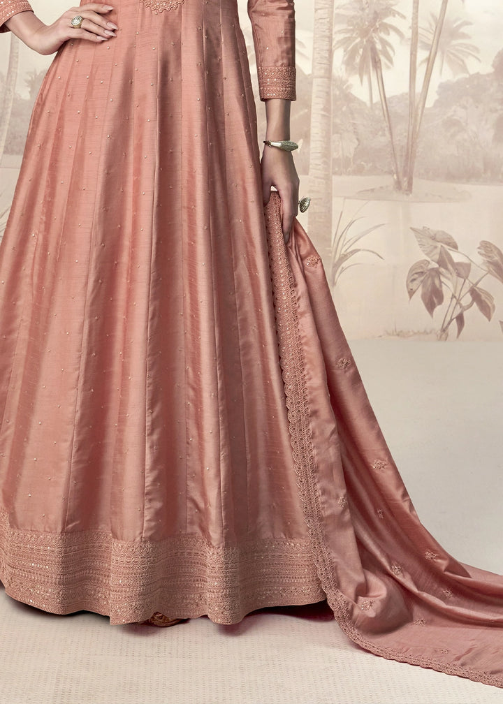 Light Caramel Brown Embroidered Silk Anarkali Gown for Festive Occasions