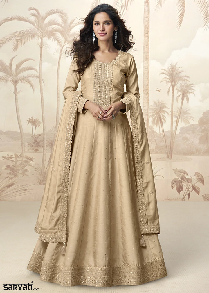 Light Brown Embroidered Silk Anarkali Gown for Festive Occasions
