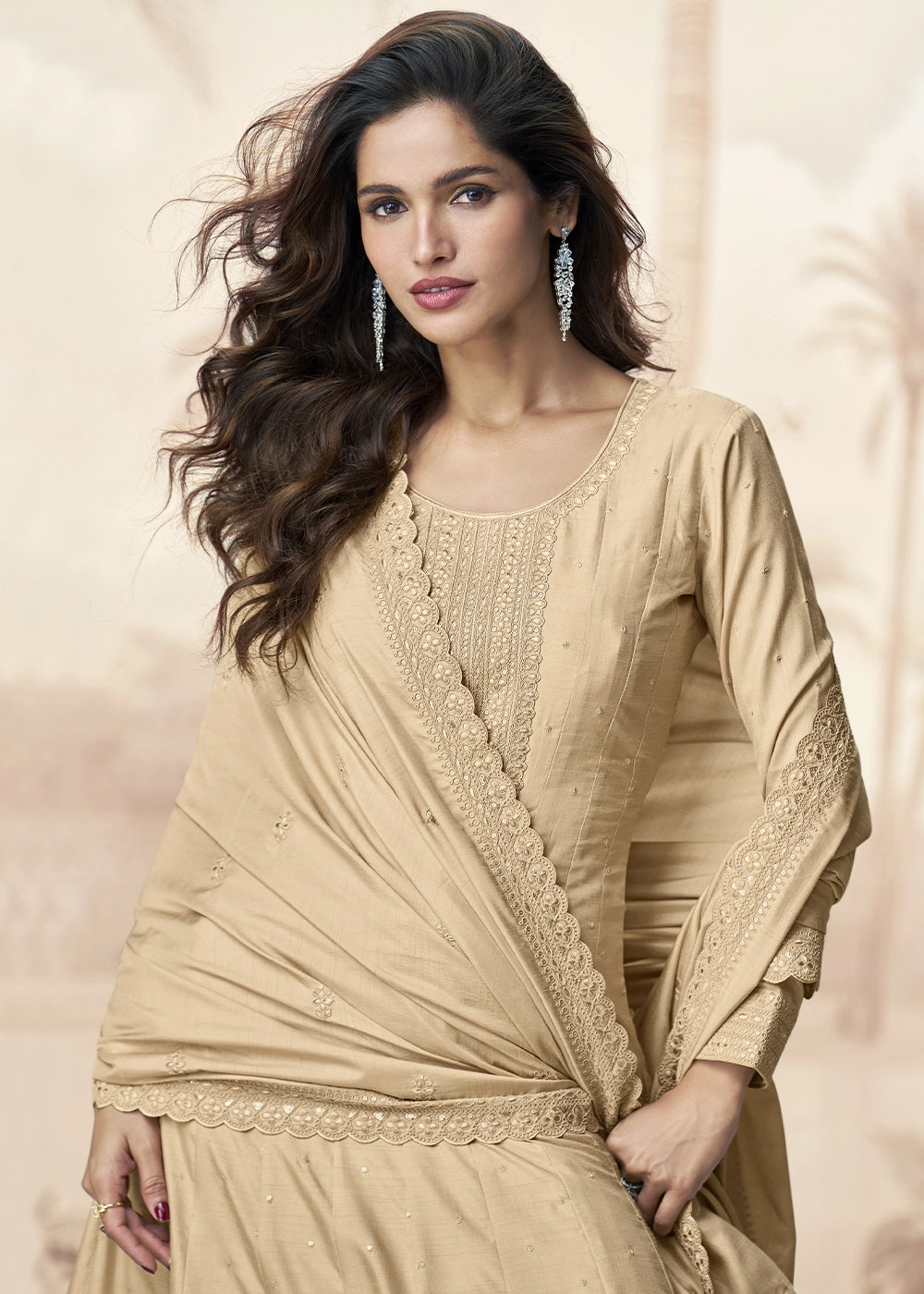 Light Brown Embroidered Silk Anarkali Gown for Festive Occasions