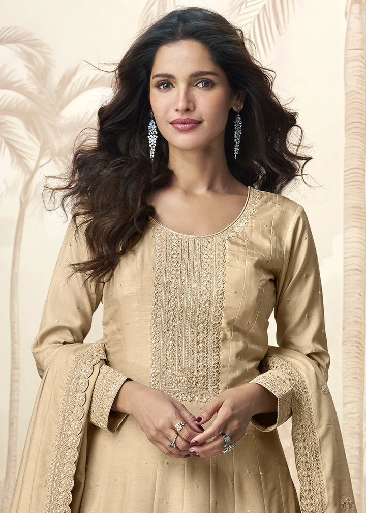 Light Brown Embroidered Silk Anarkali Gown for Festive Occasions