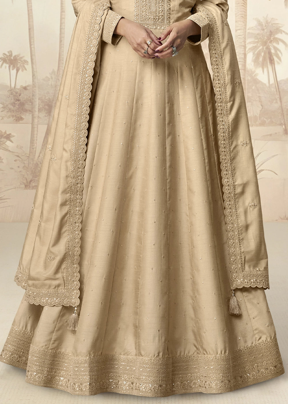 Light Brown Embroidered Silk Anarkali Gown for Festive Occasions