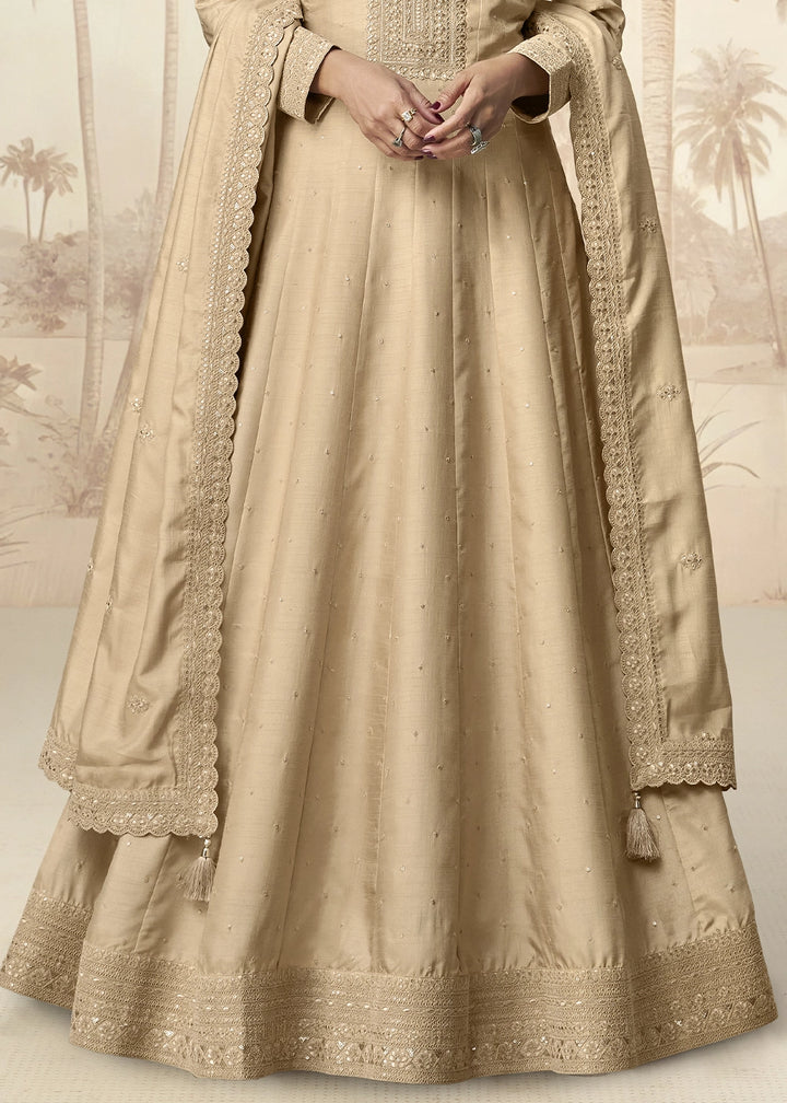 Light Brown Embroidered Silk Anarkali Gown for Festive Occasions