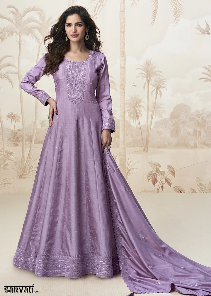 Iris Purple Embroidered Silk Anarkali Gown for Festive Occasions