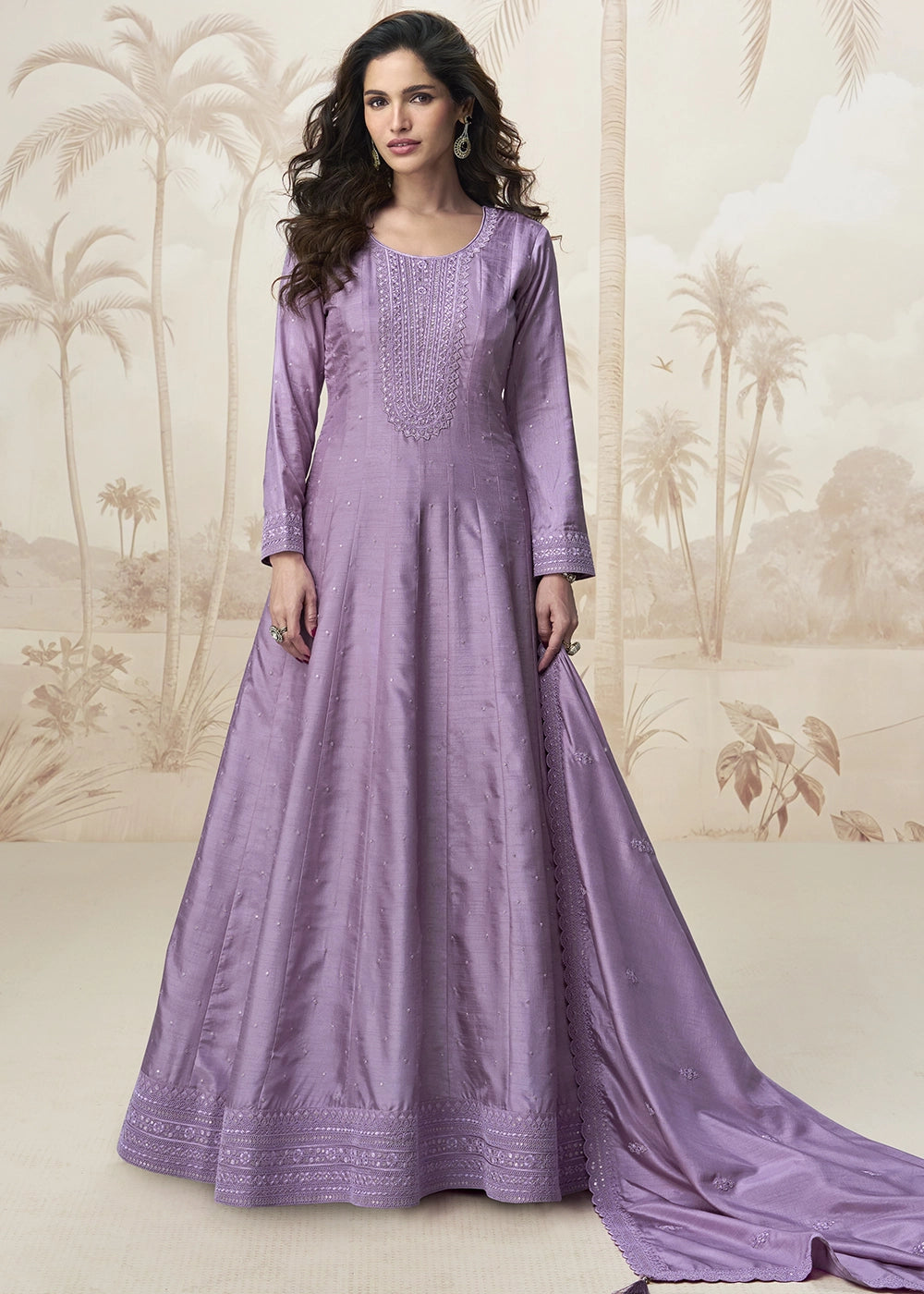 Iris Purple Embroidered Silk Anarkali Gown for Festive Occasions