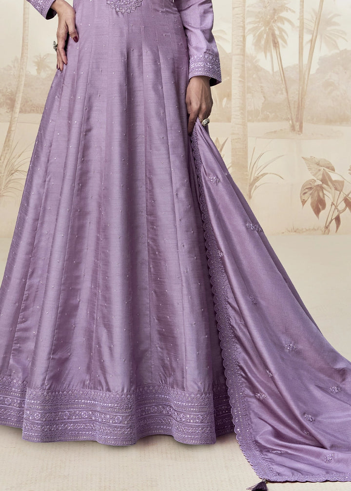 Iris Purple Embroidered Silk Anarkali Gown for Festive Occasions