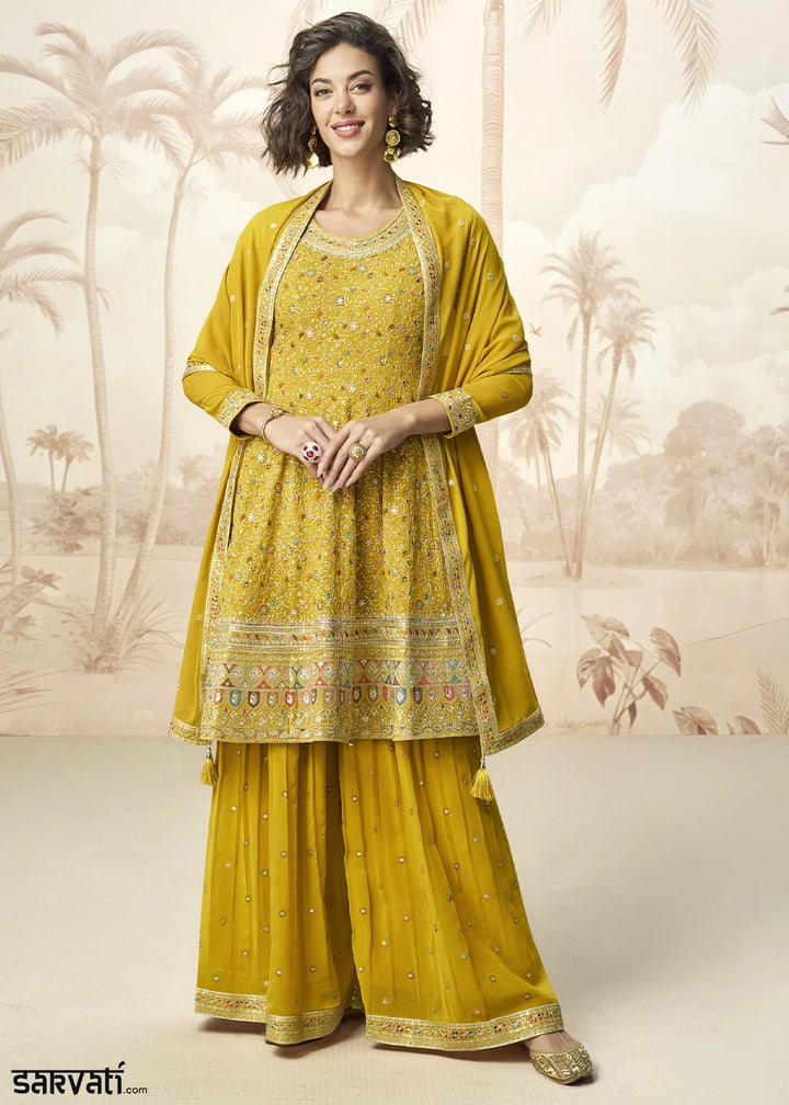 Canary Yellow Georgette Palazzo Set with Intricate Embroidery work