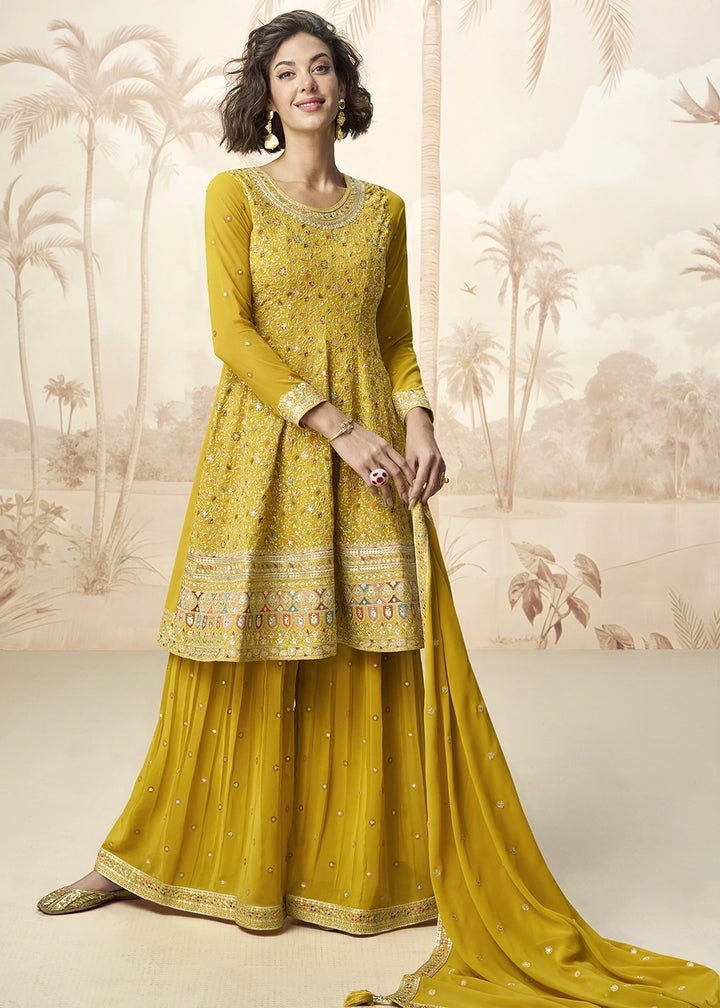 Canary Yellow Georgette Palazzo Set with Intricate Embroidery work