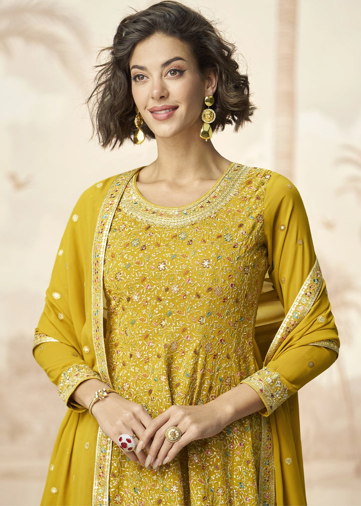 Canary Yellow Georgette Palazzo Set with Intricate Embroidery work