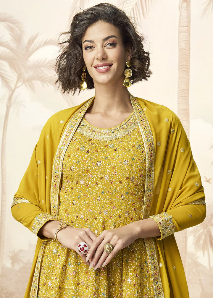 Canary Yellow Georgette Palazzo Set with Intricate Embroidery work