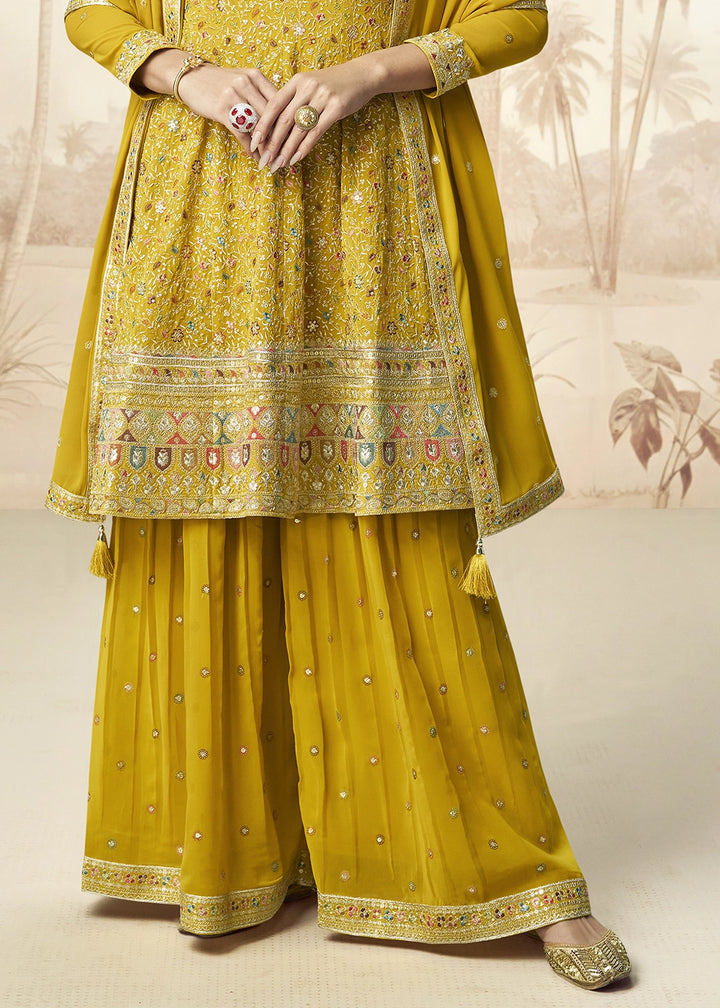 Canary Yellow Georgette Palazzo Set with Intricate Embroidery work