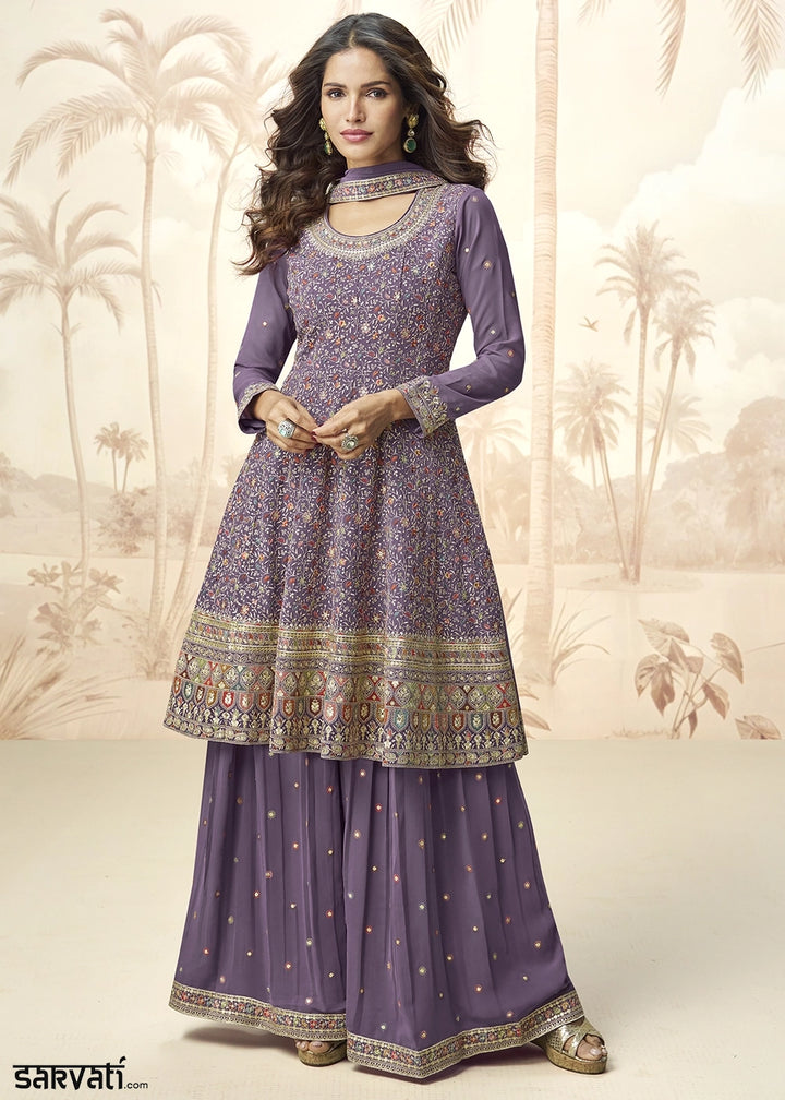 Shades Of Purple Georgette Palazzo Set with Intricate Embroidery work