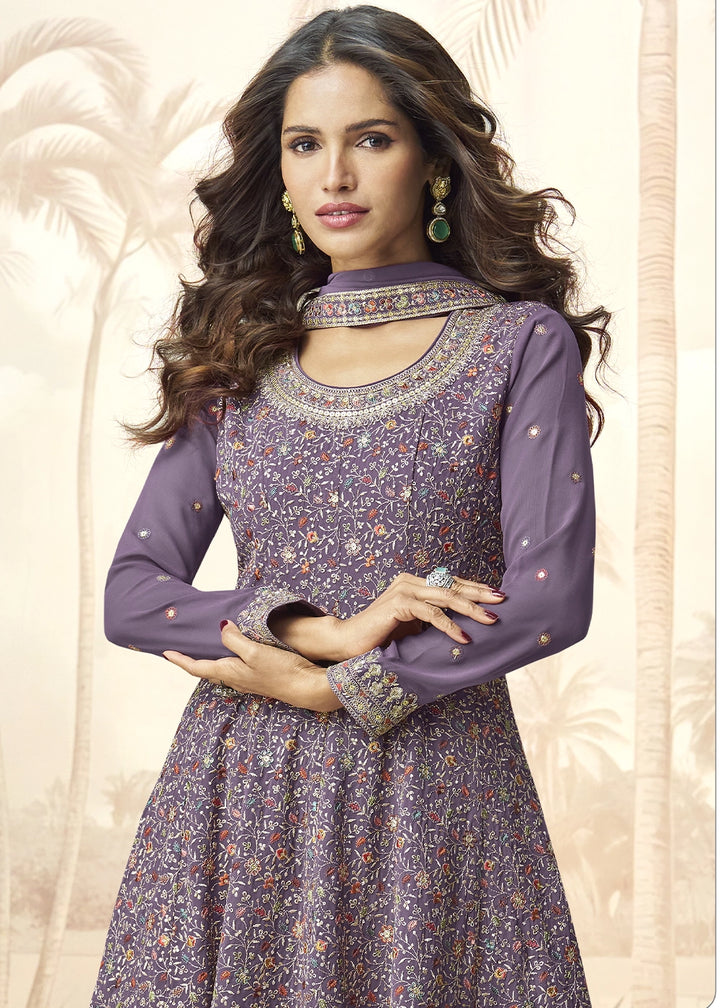Shades Of Purple Georgette Palazzo Set with Intricate Embroidery work