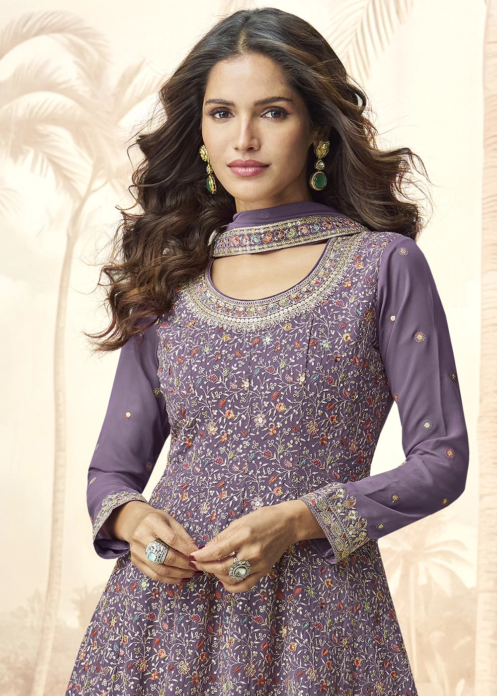 Shades Of Purple Georgette Palazzo Set with Intricate Embroidery work
