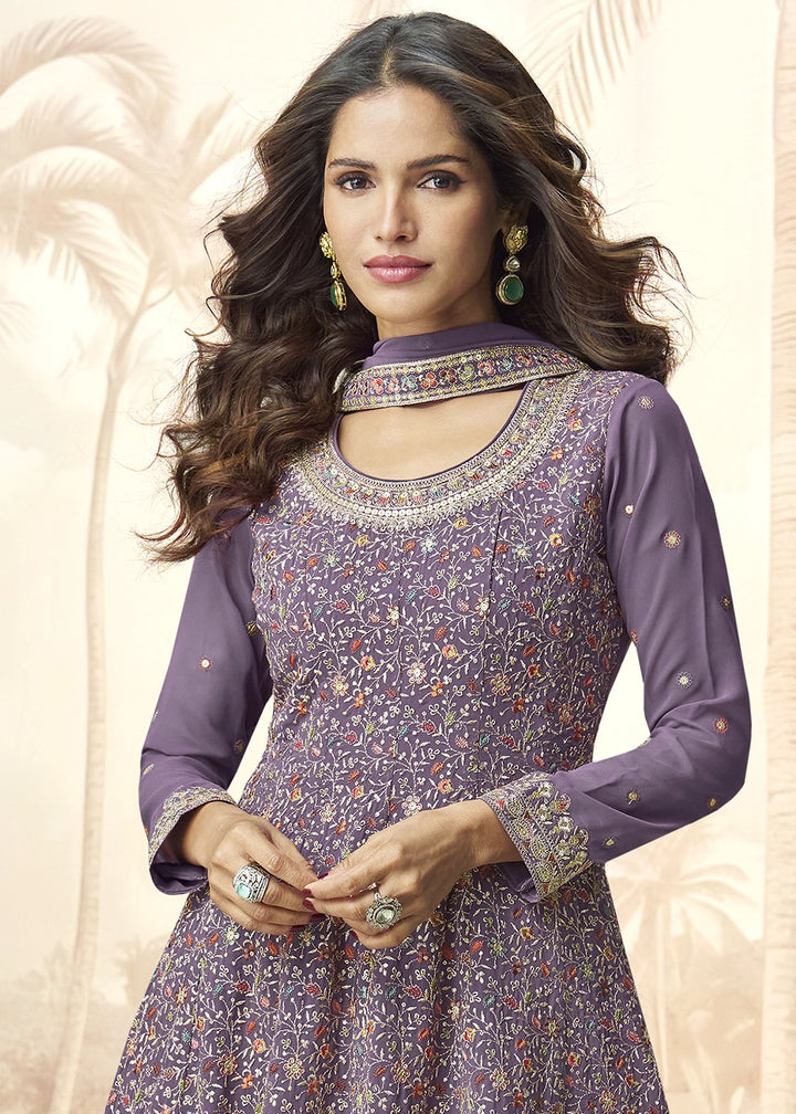 Shades Of Purple Georgette Palazzo Set with Intricate Embroidery work