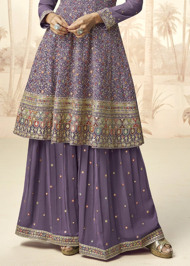 Shades Of Purple Georgette Palazzo Set with Intricate Embroidery work