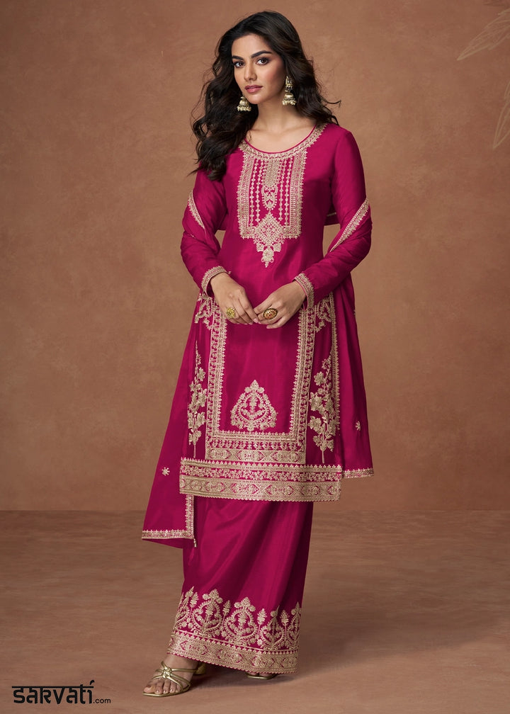 Magenta Pink Chinon Silk Palazzo Suit Featuring Beautiful Embroidery