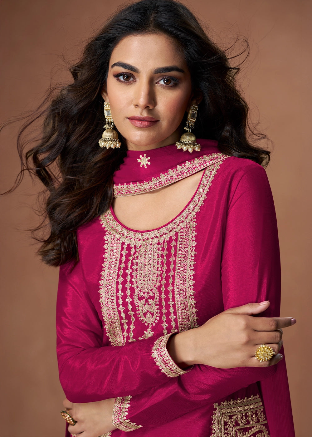Magenta Pink Chinon Silk Palazzo Suit Featuring Beautiful Embroidery