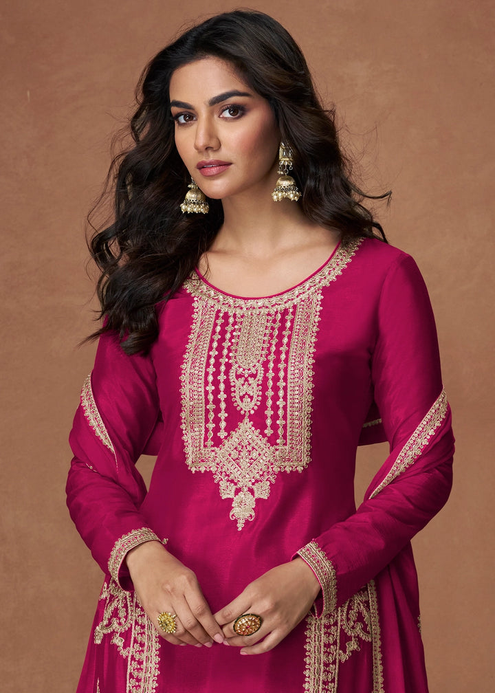 Magenta Pink Chinon Silk Palazzo Suit Featuring Beautiful Embroidery