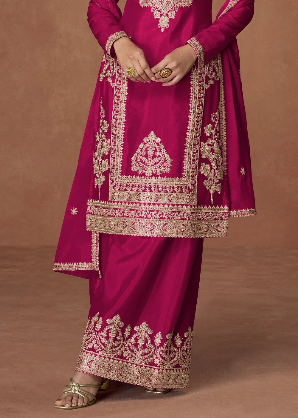 Magenta Pink Chinon Silk Palazzo Suit Featuring Beautiful Embroidery