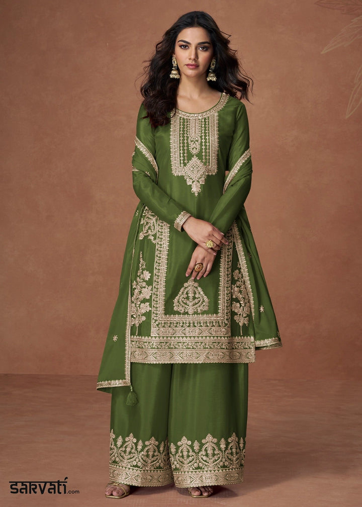May Green Chinon Silk Palazzo Suit Featuring Beautiful Embroidery