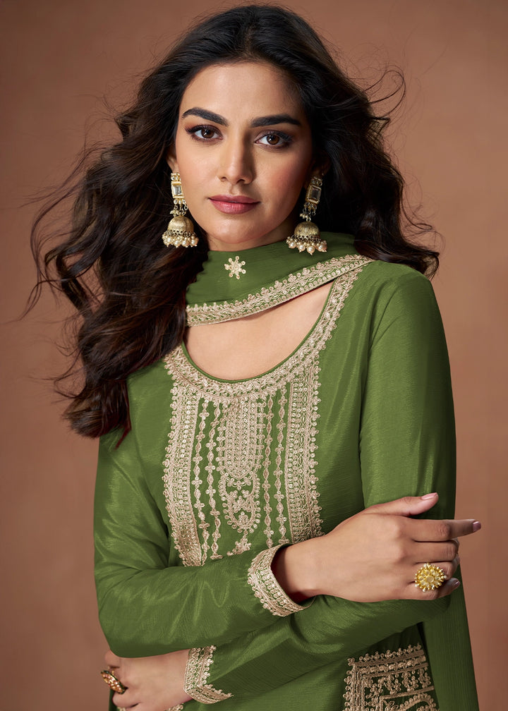 May Green Chinon Silk Palazzo Suit Featuring Beautiful Embroidery
