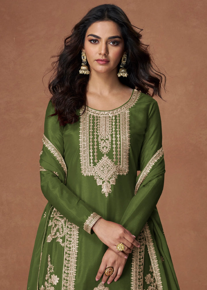 May Green Chinon Silk Palazzo Suit Featuring Beautiful Embroidery