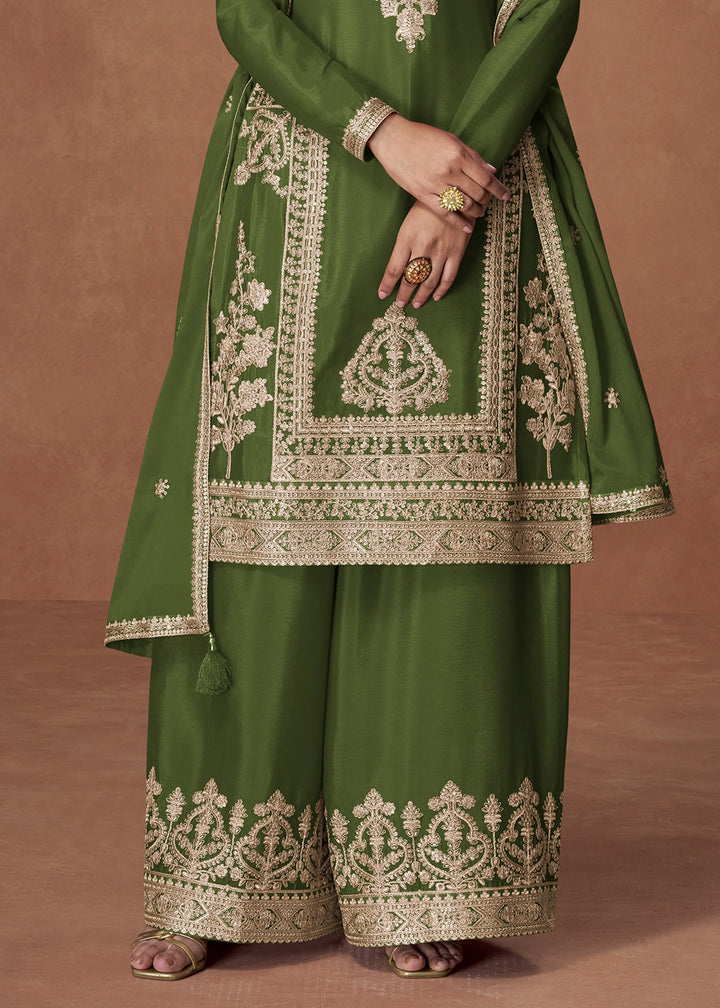 May Green Chinon Silk Palazzo Suit Featuring Beautiful Embroidery