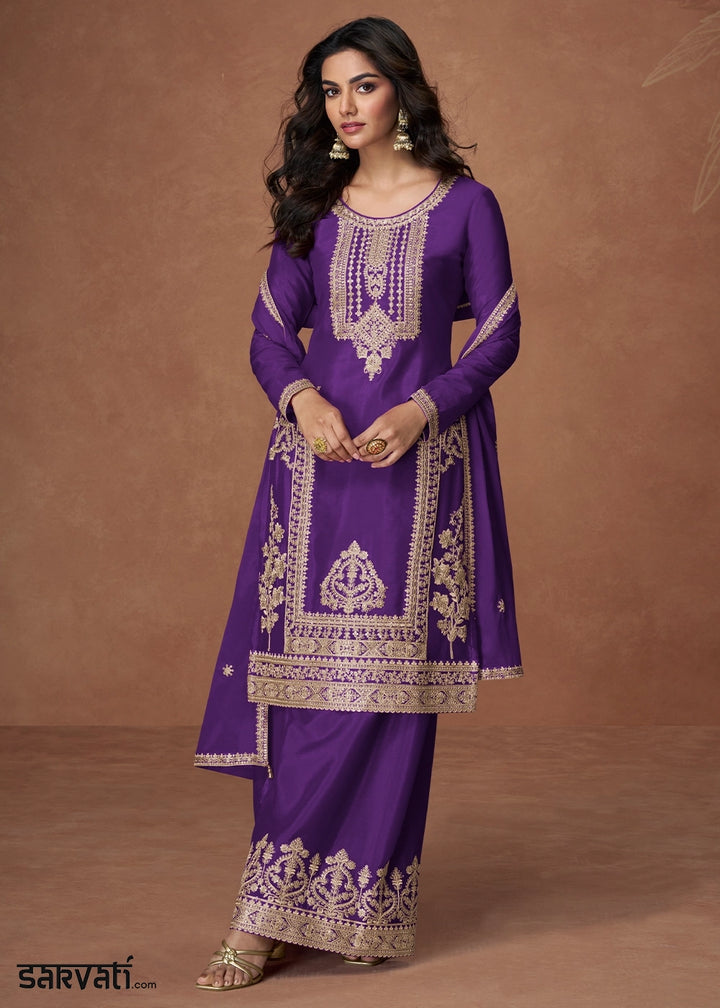 True Purple Chinon Silk Palazzo Suit Featuring Beautiful Embroidery