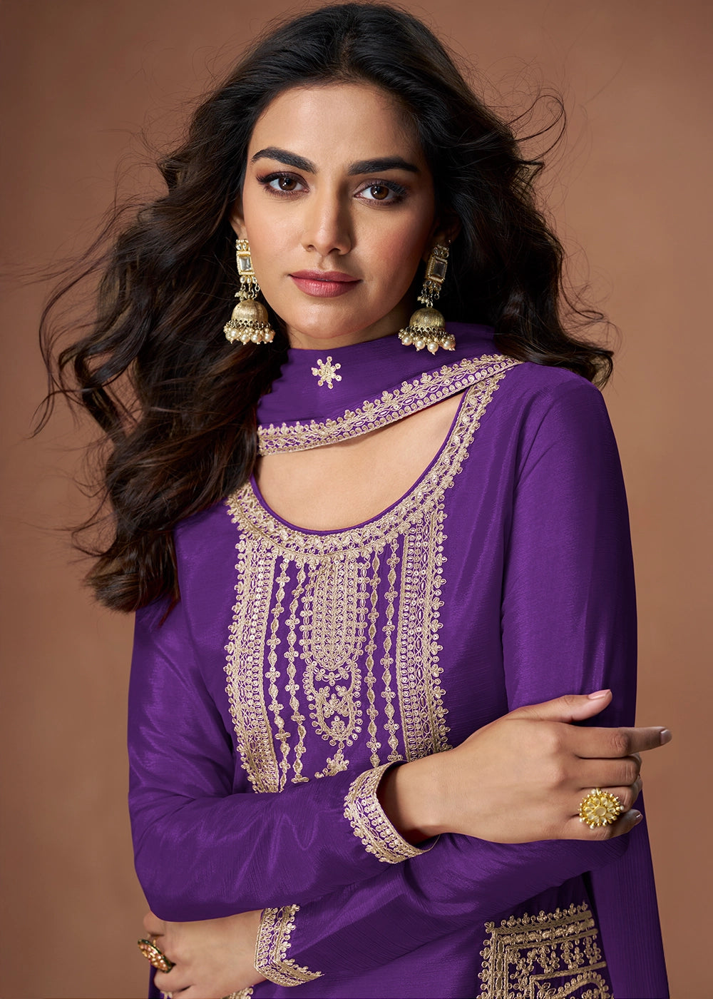 True Purple Chinon Silk Palazzo Suit Featuring Beautiful Embroidery