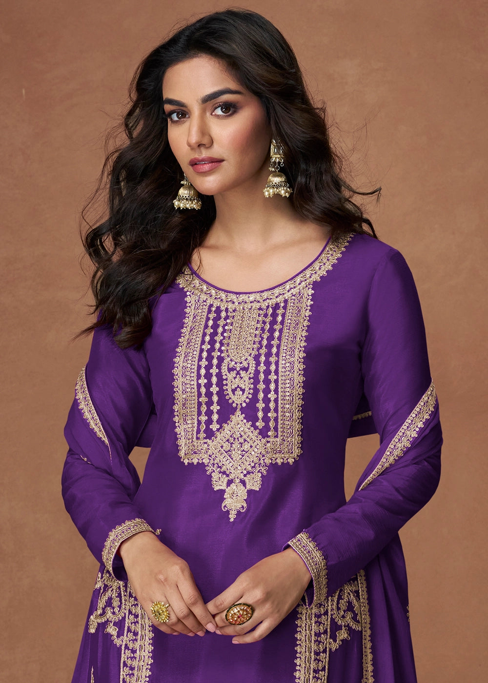True Purple Chinon Silk Palazzo Suit Featuring Beautiful Embroidery