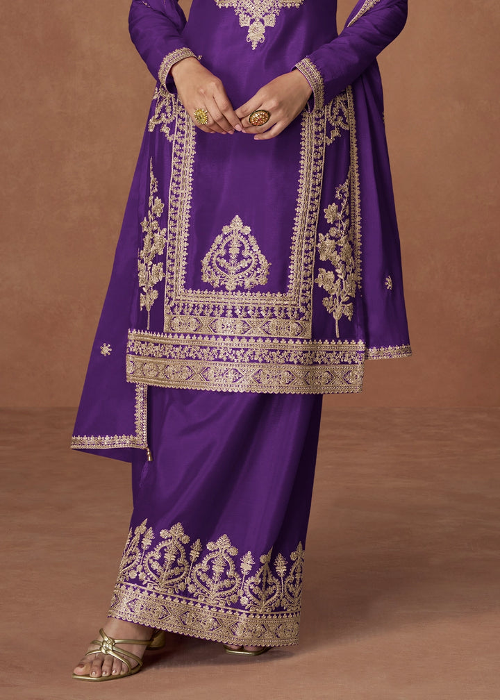 True Purple Chinon Silk Palazzo Suit Featuring Beautiful Embroidery