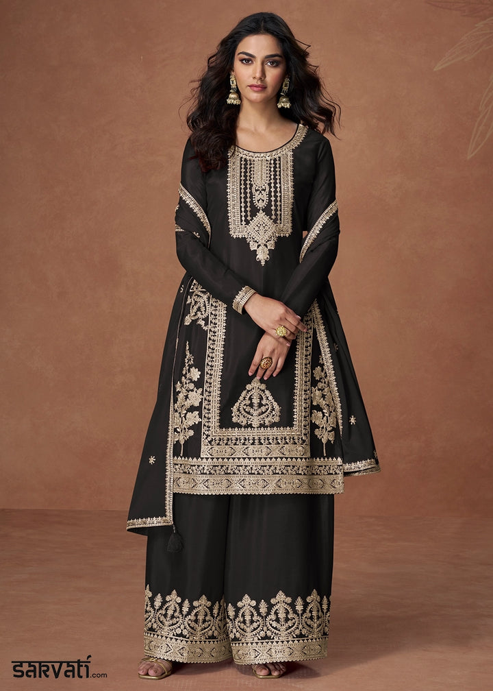 Raven Black Chinon Silk Palazzo Suit Featuring Beautiful Embroidery