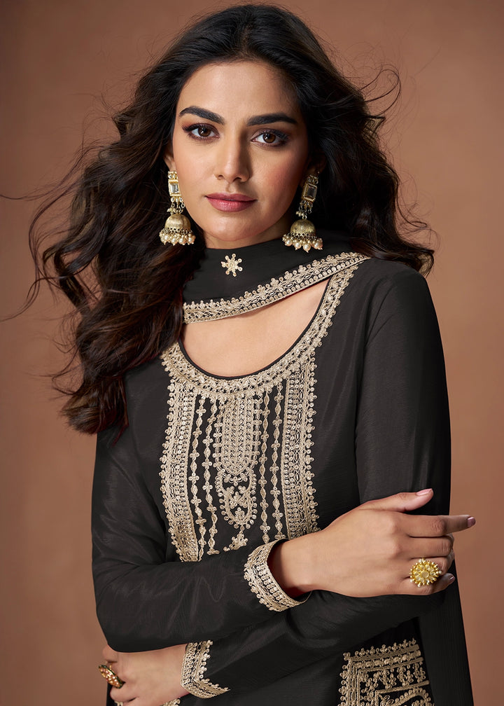Raven Black Chinon Silk Palazzo Suit Featuring Beautiful Embroidery