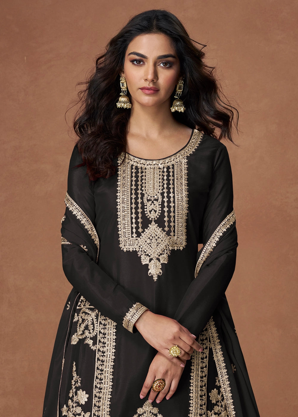 Raven Black Chinon Silk Palazzo Suit Featuring Beautiful Embroidery
