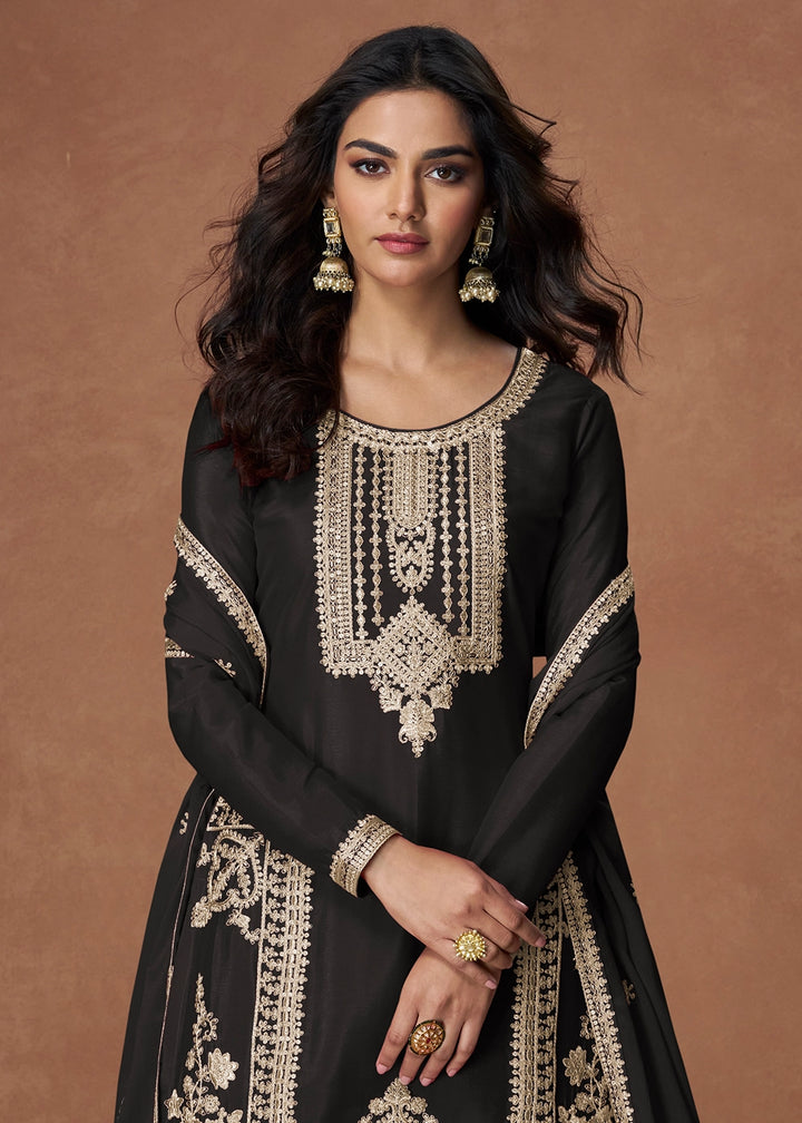 Raven Black Chinon Silk Palazzo Suit Featuring Beautiful Embroidery
